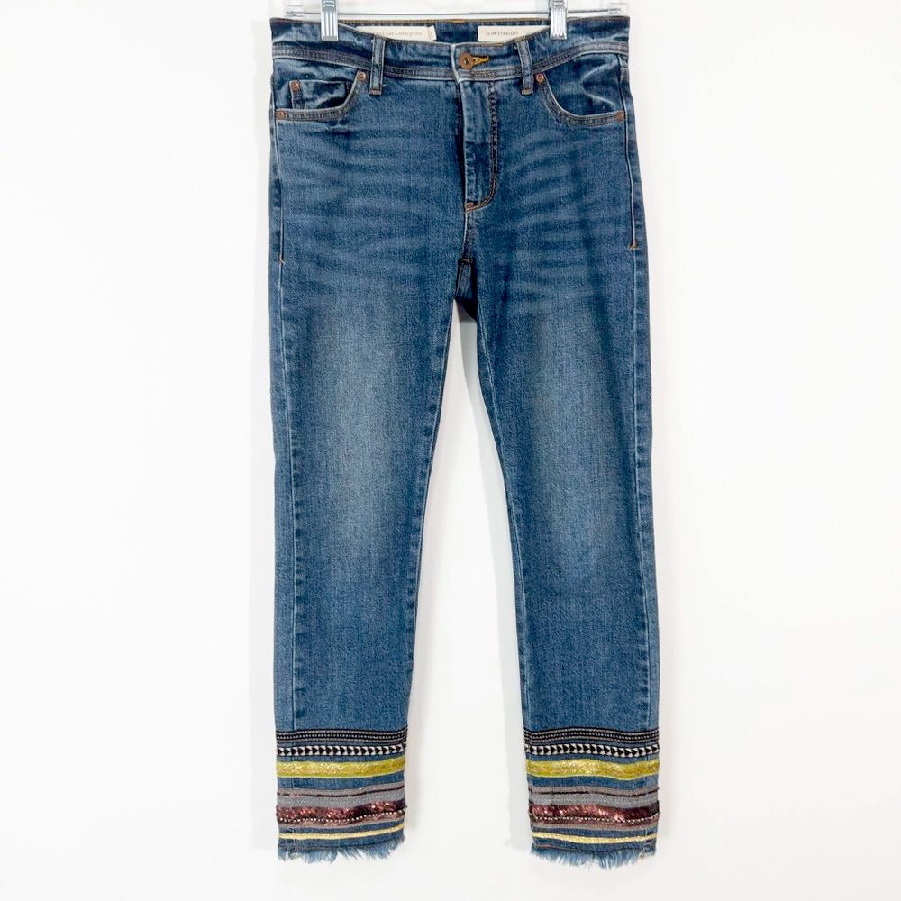 Pilcro And The Letterpress Mid-Rise Embroidered Jeans Size 25 Slim Straight - Picture 2 of 6